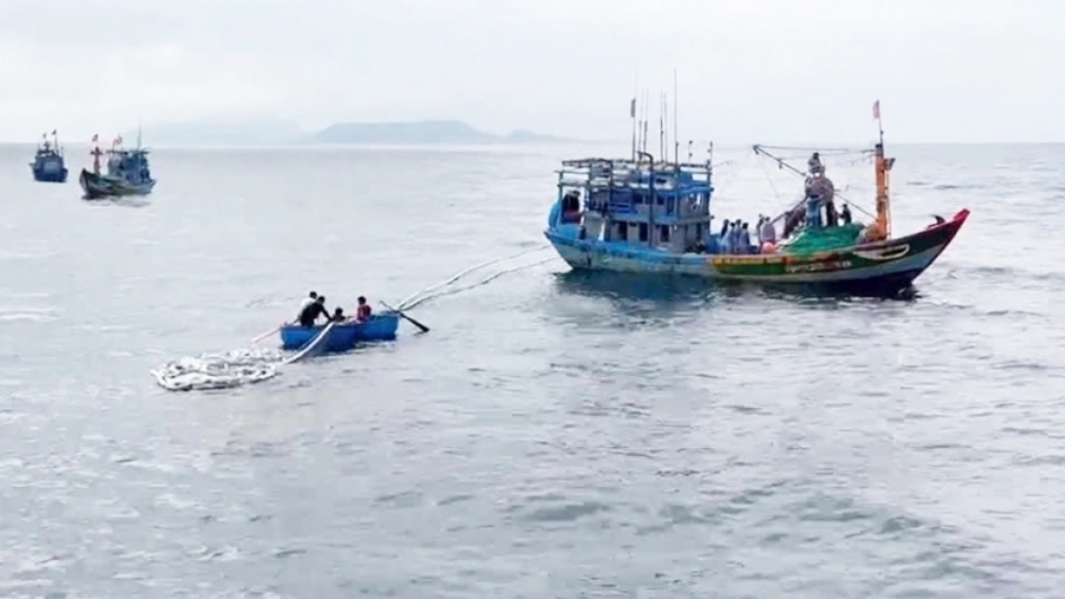 Một tàu cá của ngư dân Quảng Ngãi mắc cạn vùng biển Lý Sơn